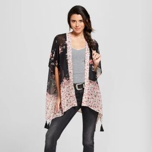 Xhilaration Open Front Sheer Kimono with Tassels Boho Duster Black Floral NWOT
